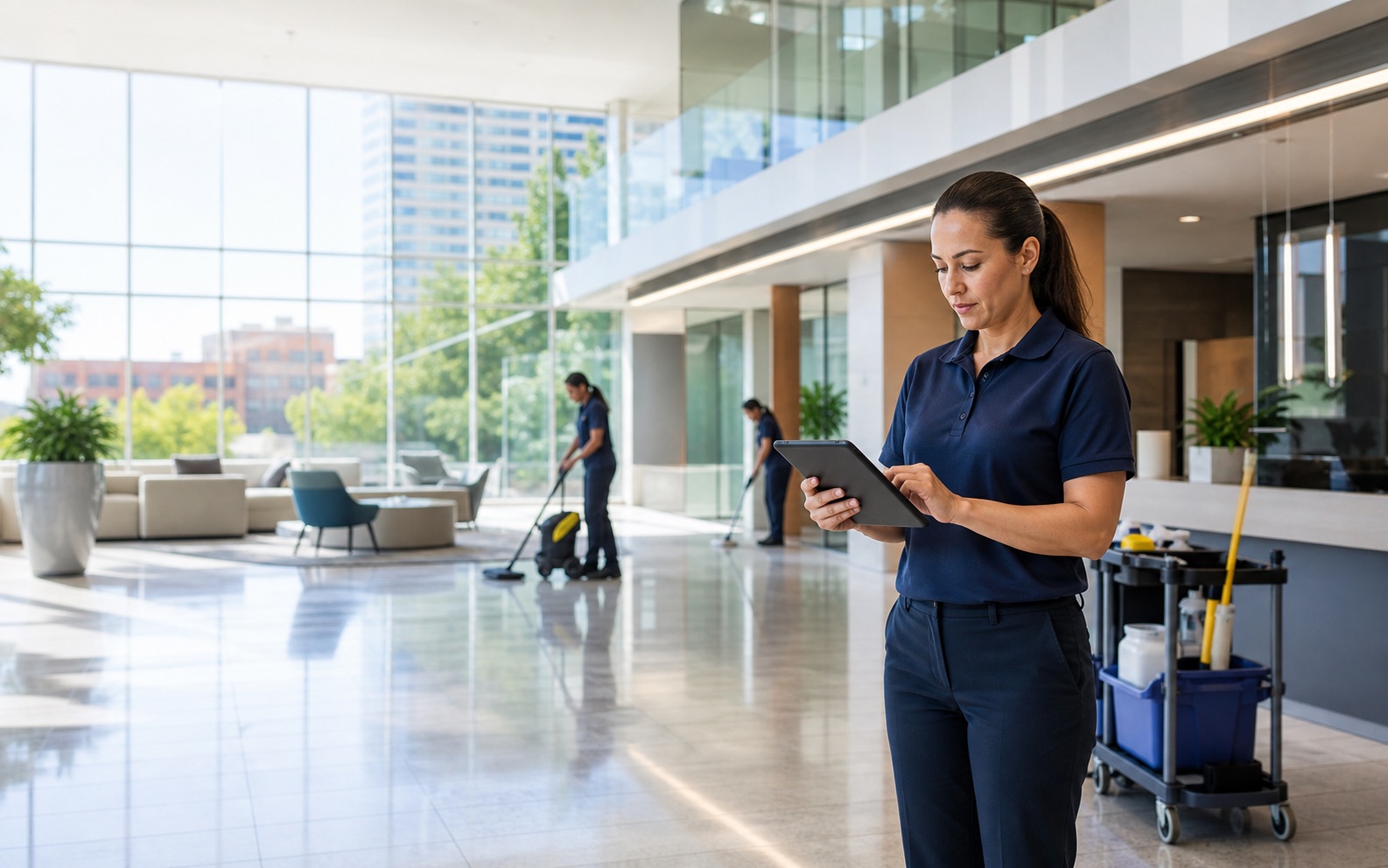 Fresh N Glo commercial cleaning team reviewing a site checklist in a clean building lobby